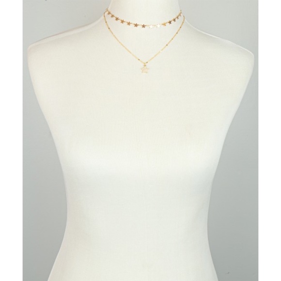 Gold Duo Layer Chain Rhinestone Stars Necklace - Picture 2 of 2